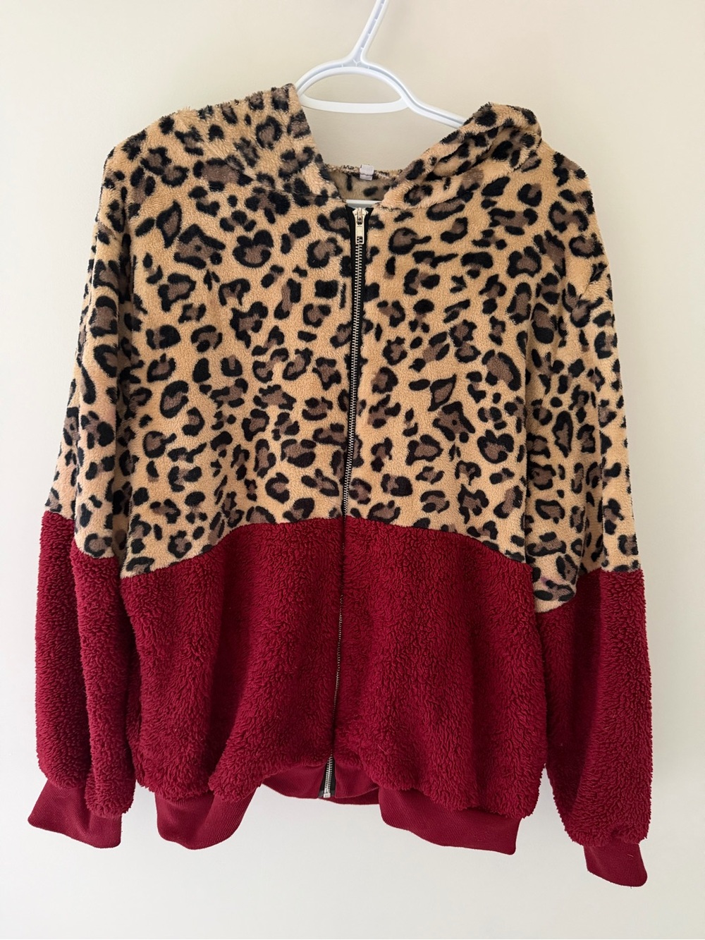 Leopard Print & Burgundy Sherpa Zip Puffer Jacket